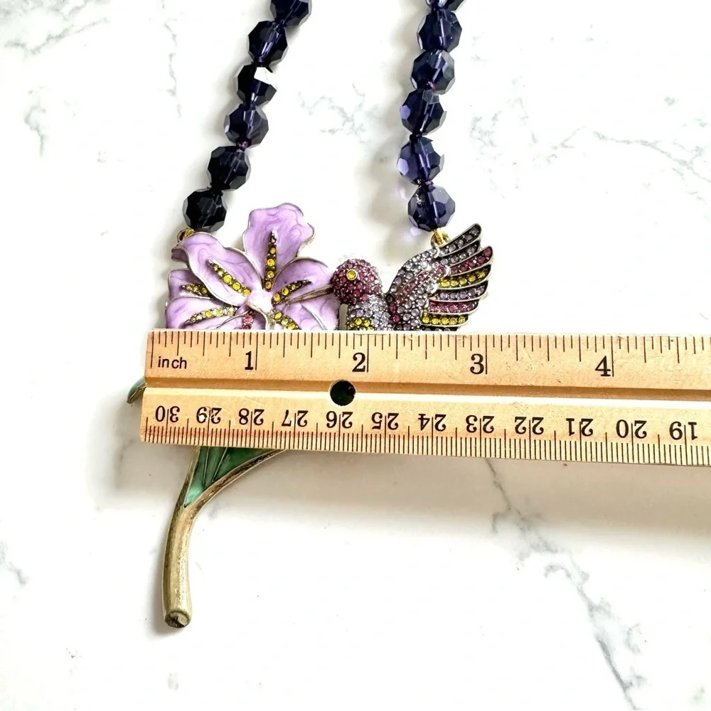 Hummingbird Colorful Rhinestone Enamel Necklace Purple Bead Large Flower NEW